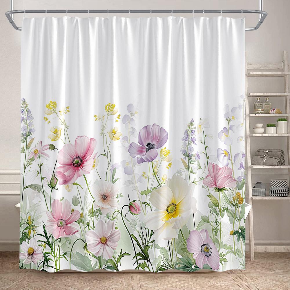 Floral Shower Curtain Watercolour Purple Lavender Flowers Butterfly Plants Leaves Bathroom Curtains Fabric Home Decor With Hooks W60H190(CM)-1 Pcs
