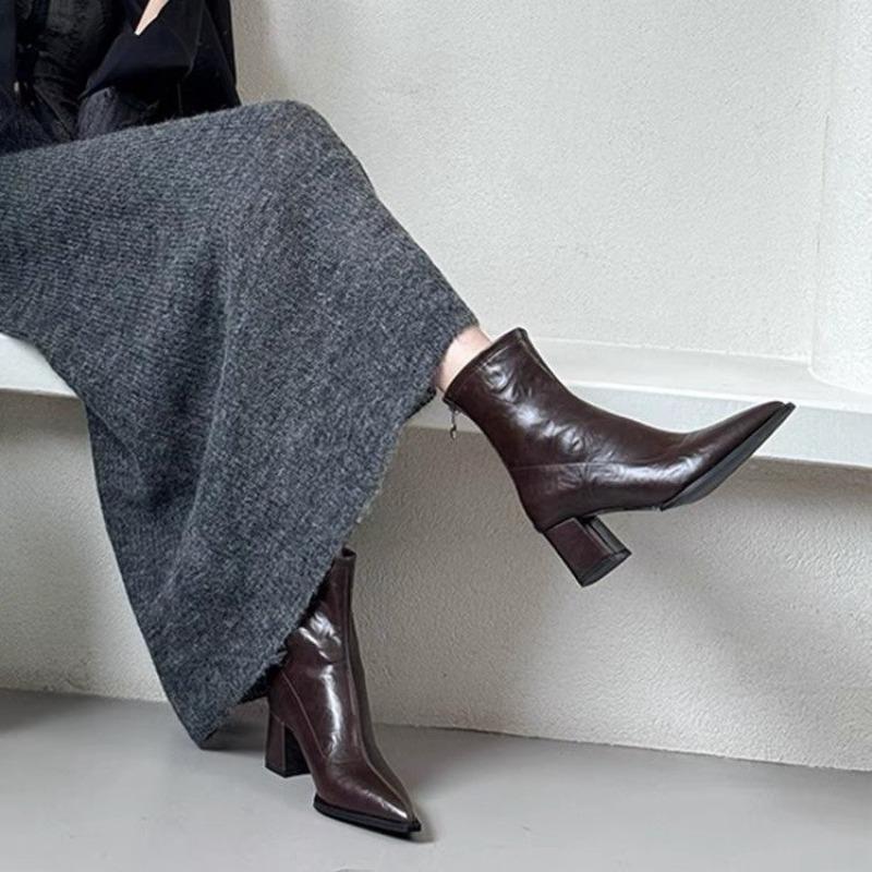 Vintage French Style Women's High Heel Boots Simple Pointed Toe Zip Up Fleece Lined Cotton Ankle Boots For Autumn/Winter