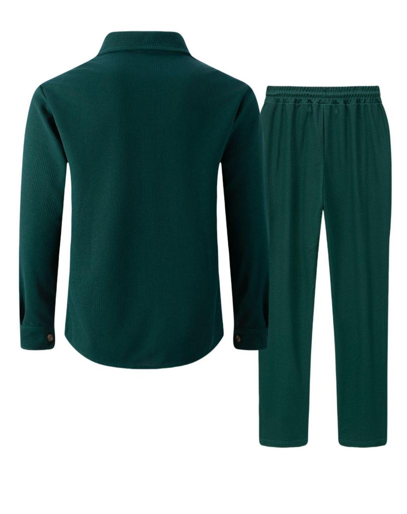 Autumn Waffle Two-Piece Set: Long Sleeve Cardigan & Pants with Double Pocket Design