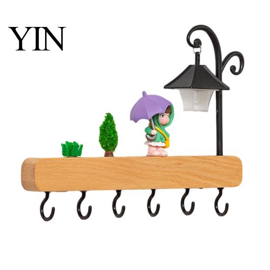 Kitchen Tool Storage Rack Key Holder with 6 Hooks, Solid Wood Entryway Organizer Rack, Wall No Drill for Mounted Space Saving Hook Keys Pet