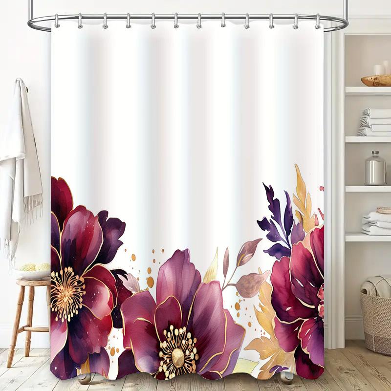 Luxury Bath Shower Curtain With Watercolor Floral Design For Bathroom Decoration White Background, Pink Gold Colors Size: 180X24
