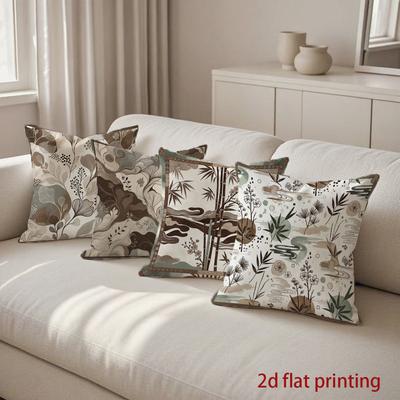 2D Exquisite Floral & Bamboo Patterned Pillow Covers Pattern Cushion Cover Suitable For Sofa Bedroom Car Pillow Cover