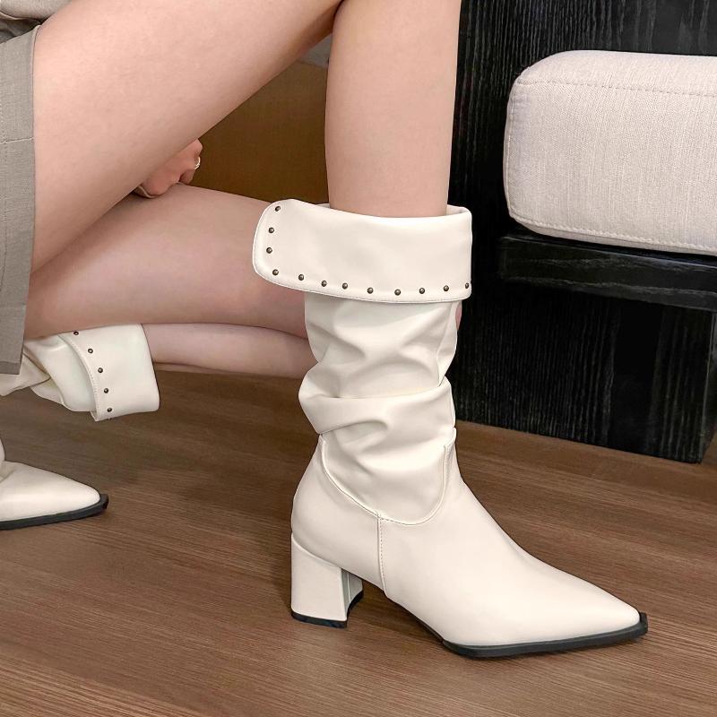 

Women s Pointy Pleated Ankle Boots Fashion Square Heels Booties Woman Autumn New Fashion Pu Leather Chunky Heel Knee 35 бежевий
