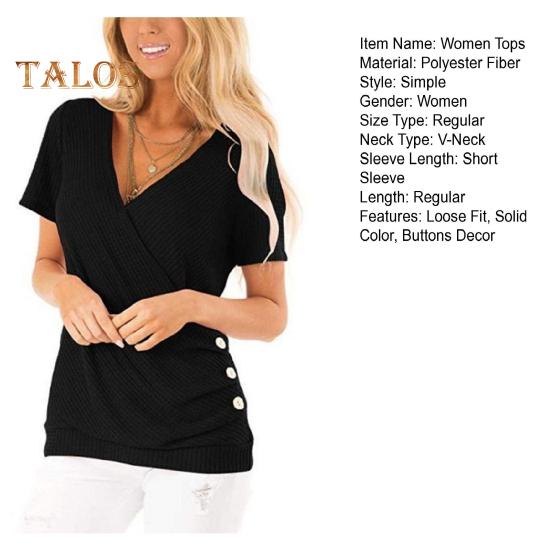 Women Tops Short Sleeve V-Neck Pleated Hem Tee Shirt Solid Color Draped T-Shirt with Side Buttons Daily Wear
