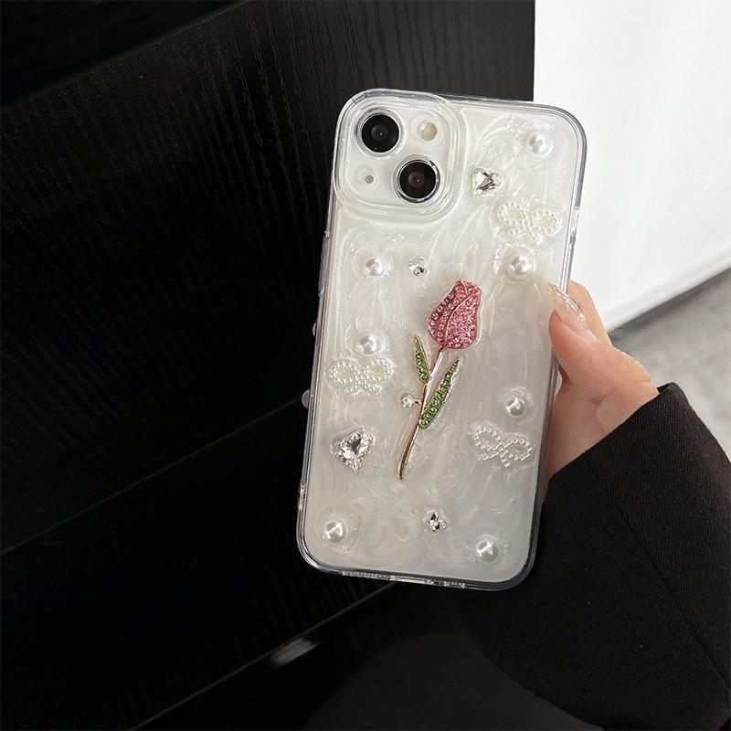 

For Apple 16Pro Fresh Ins Style Rose Phone Case for IPhone17 Glitter Glitter Rhinestone Pearl Diamond For iPhone 7/8/SE 2020