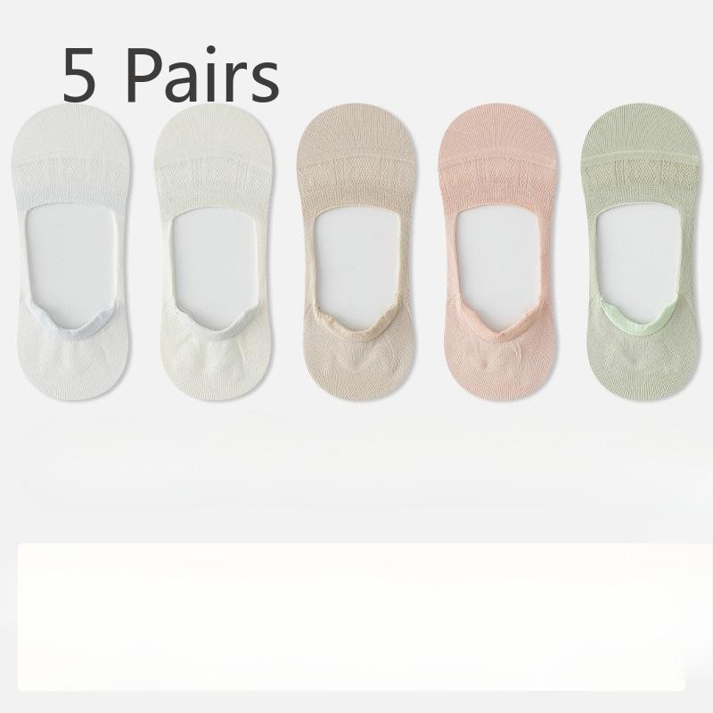5 Pairs of Summer Mulberry Silk Stockings, Ultra-thin and Invisible Boat Socks, Silicone Anti-slip Mesh Solid Color Short Socks