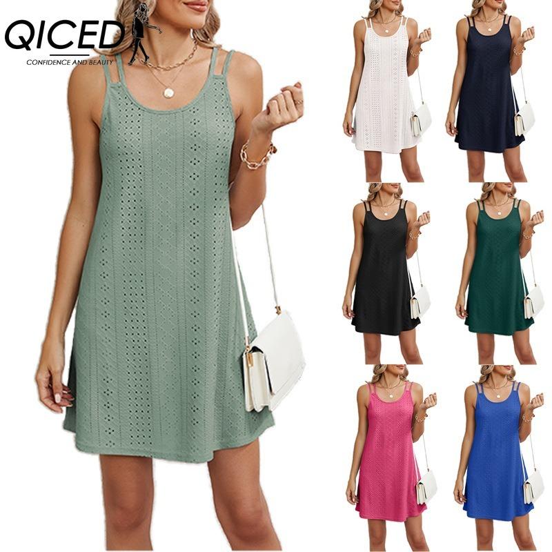 QICED Women's Fashion Summer Spring Solid Color Print Sleeveless U-Neck Casual Dresses