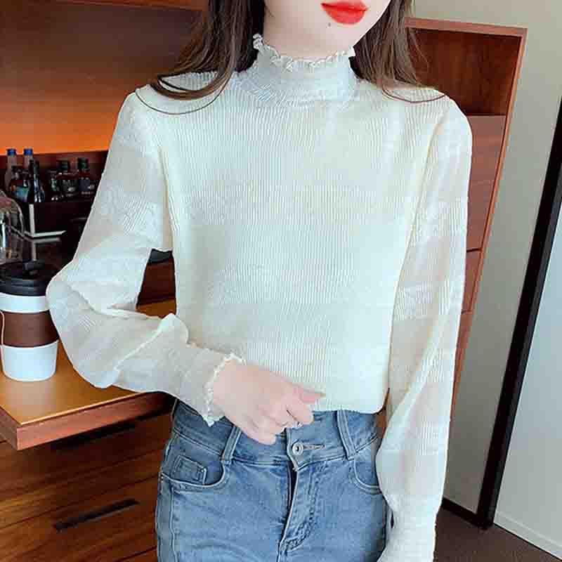 Fashion New 2025 Autumn Winter Long Sleeve Half High Collar Apricot Velvet Chiffon Blouse Shirt Women Tops Blouses Shirts J780