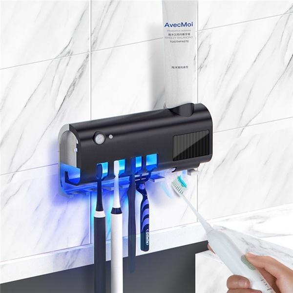 Stérilisateur de brosse à dents 3 en 1 à lumière UV, distributeur automatique de dentifrice, support de brosse à dents intelligent, organisateur de dentifrice, ensemble de salle de bain solaire