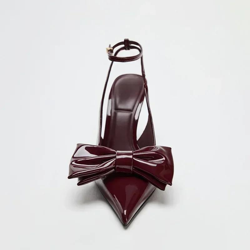 Fashion Luxury Brand Designer Ankle Strap High Heels Women Sexy Pointed Toe Patent Leather Heeled Sandals Bow Banquet Thin Heels Pumps