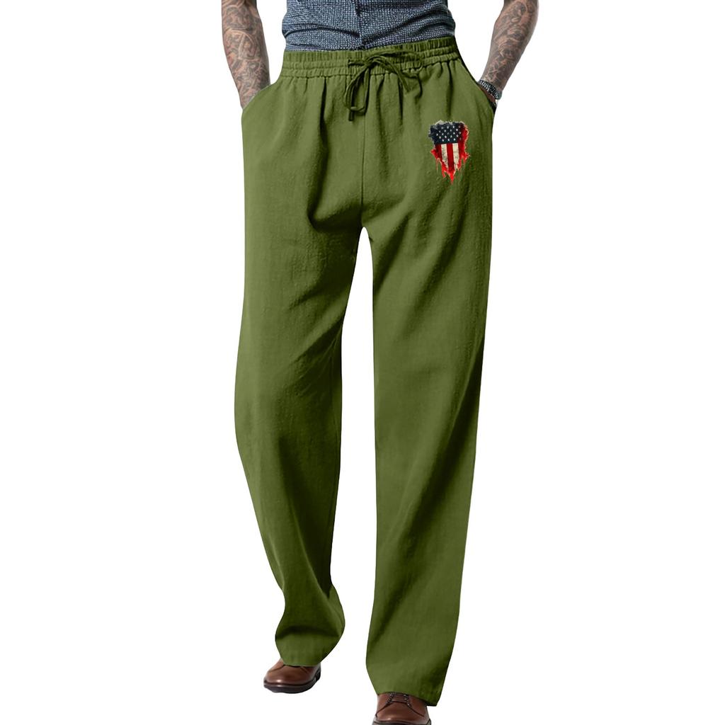Men's Loose Casual Color Cotton Linen Trousers Elastic Tie Printed Straight Pants