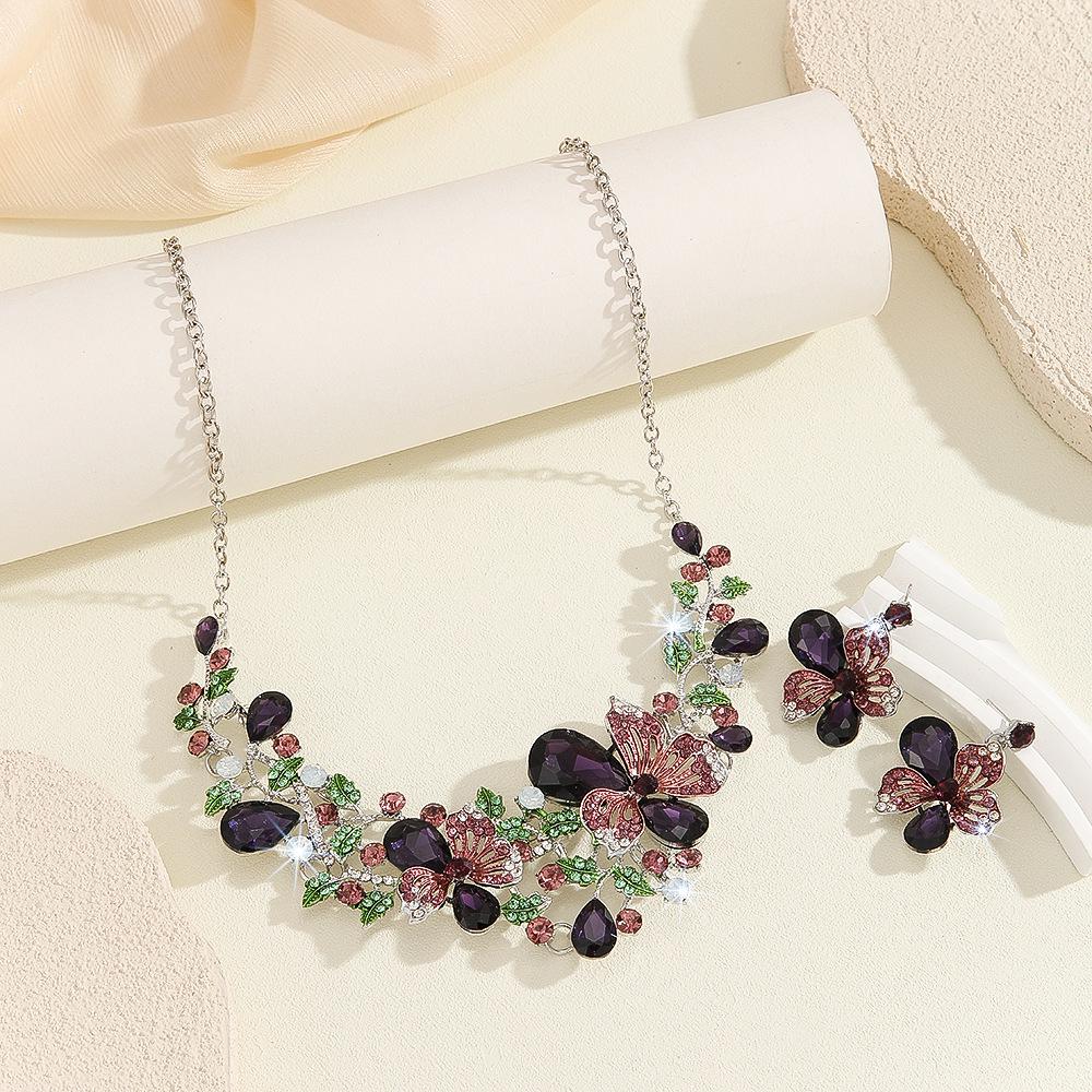 European & American Crystal Gemstone Floral Necklace & Earring Set - Colorful Evening & Bridal Accessories
