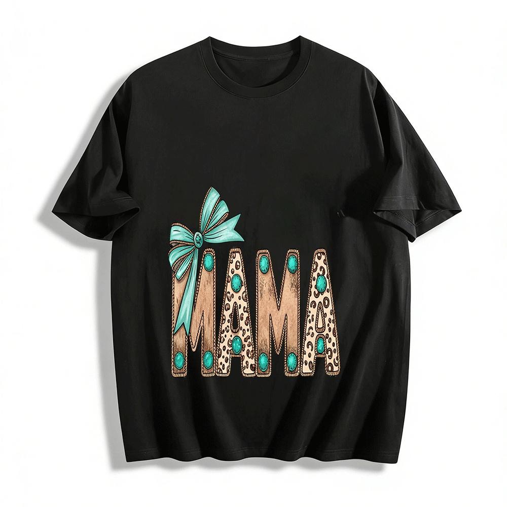 Western Turquoise Leopard Print MAMA Casual T-Shirt Pure cotton T-shirt XXS