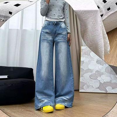 Jeans Damen Herbst Blau Hohe Taille Große Größen Weites Bein Locker Kleine Leute Schleppen den Boden Gerade Lange Hosen Jeans für Damen Lange Jeans