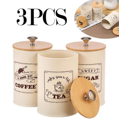 3pcs/set Coffee Sugar Tea Canister Solid Large Capacity Metal Vintage Kitchens Containers Kit Versatile Airtight Canister