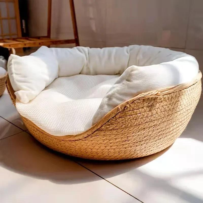

OUZEY Handmade Rattan Weaving Pet Cats Bed Comfortable Sleeping Breathable Cat Baskets Large Capacity Kitten Puppy Nesk Cushion 32X32CM темно-синий
