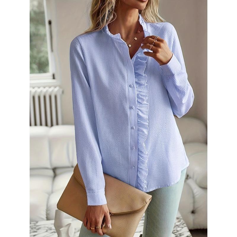 Women's Shirt Spring Long Sleeve Tops Stand Collar Striped Loose Office Women's Blouse Elegant Button Up Solid Color Casual Simple Ladies White Shirts