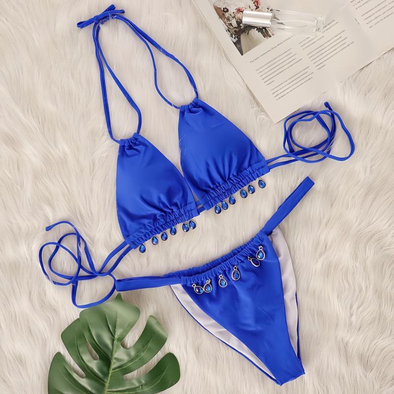 European & American Multi-color Halter Bikini with Rhinestone Pendant - Sleeveless, Bandage Style, and Split Design.