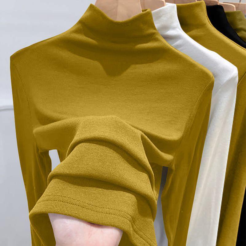 

Жіноча однотонна футболка з довгим рукавом і напіввисоким коміром - Тонкий базовий шар для осені/весни 2025 4XL (140-170 lbs)