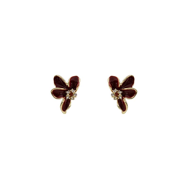 Autumn And Winter Oil Drip Diamond Flower Stud Earrings, French Retro Hong Kong Style Burgundy Round Earrings, Simple Ear Buckles