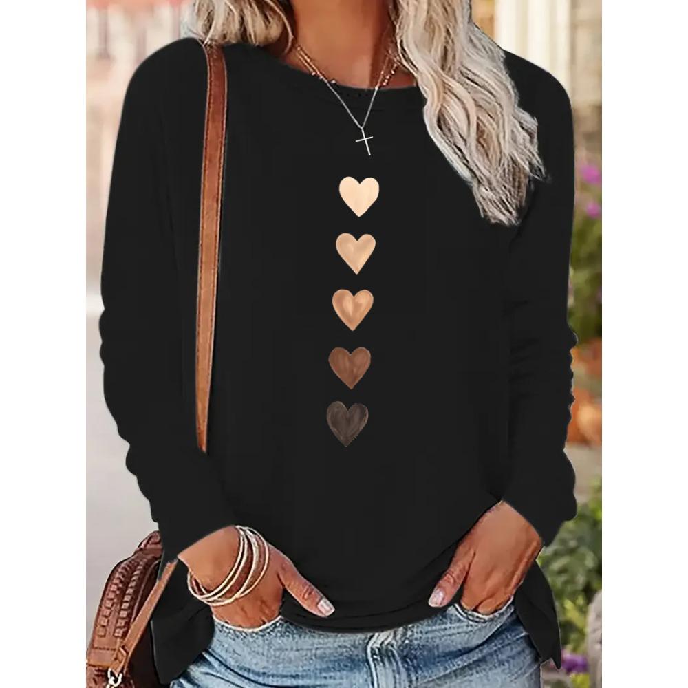 Love Heart Printed Long Sleeve Shirt Vintage T Shirt Women's Print T-Shirt Crew Neck Top Tee Tshirt Casual