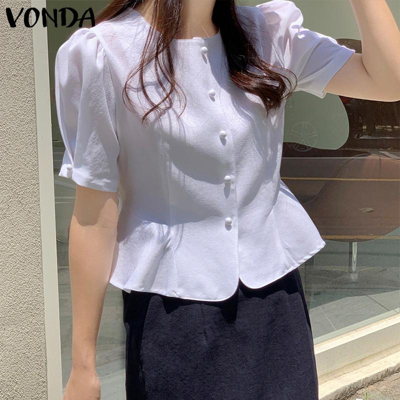 

VONDA Летние женские пуговицы с коротким рукавом с коротким рукавом для сбора топов на талии