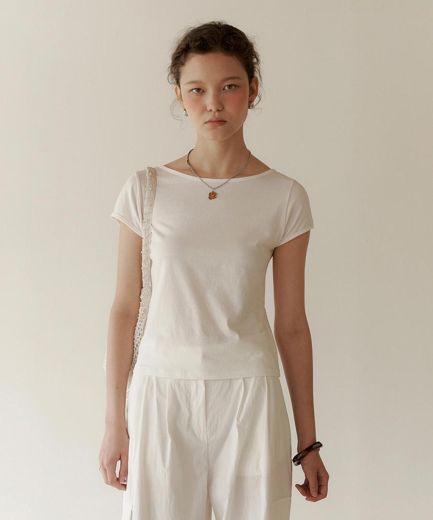 LOEIL Feminine Boat Neck Short Sleeve T-Shirt - Ivory