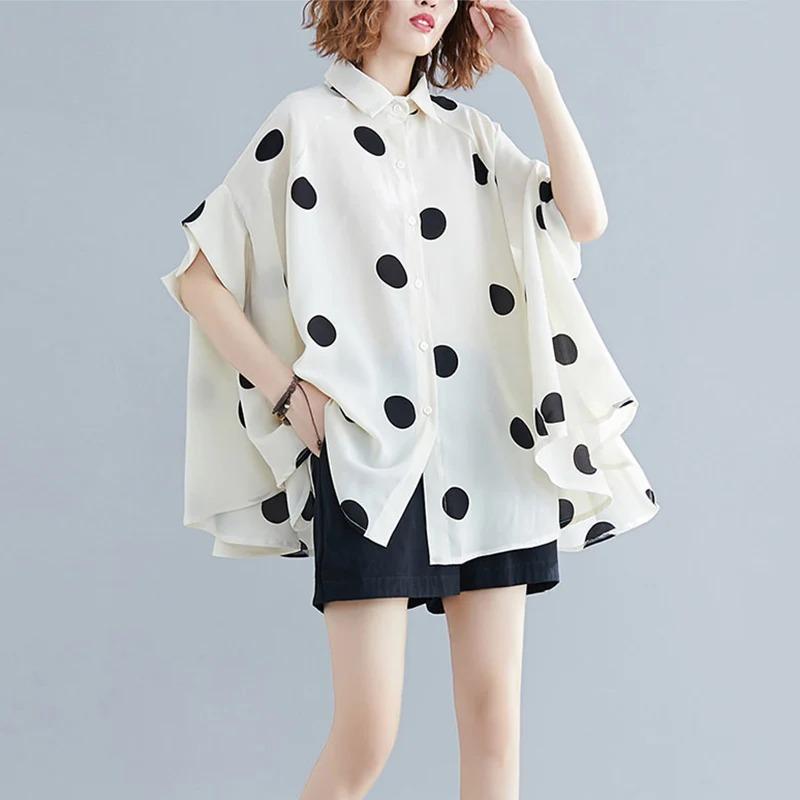 

Black Vintage Polka Dot Print Blouse Women Lapel Short Sleeve Loose Casual Shirt Fashion Summer Clothes One Size абрикосовий