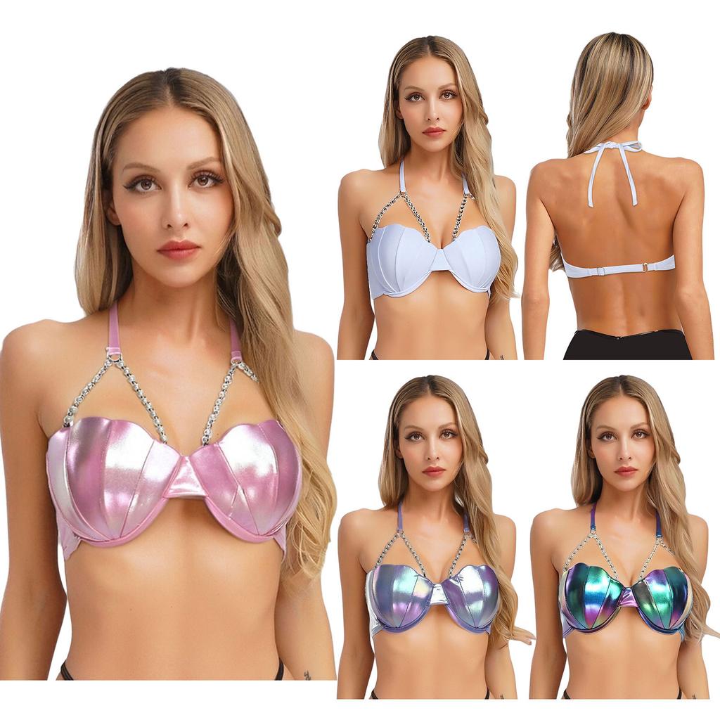 S-XXL Women‘s Glitter Mermaid Bikini Top: Halter Neck with Pearl Chains, Shell Shape & Light Padding for Beach Party