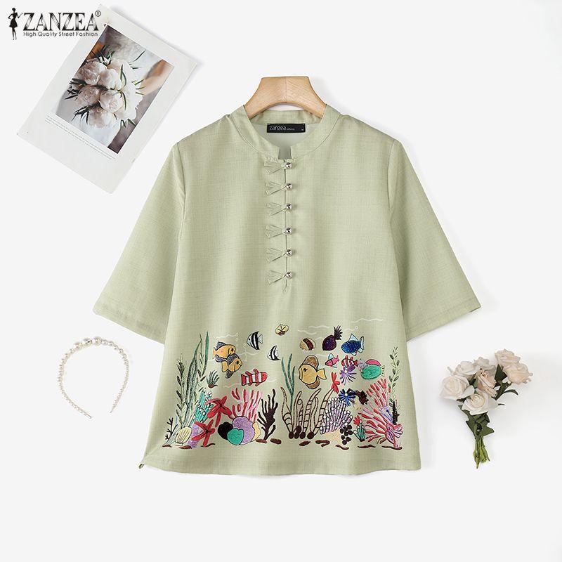 ZANZEA Damen Lässig Stehkragen Locker Halber Ärmel Print Bluse