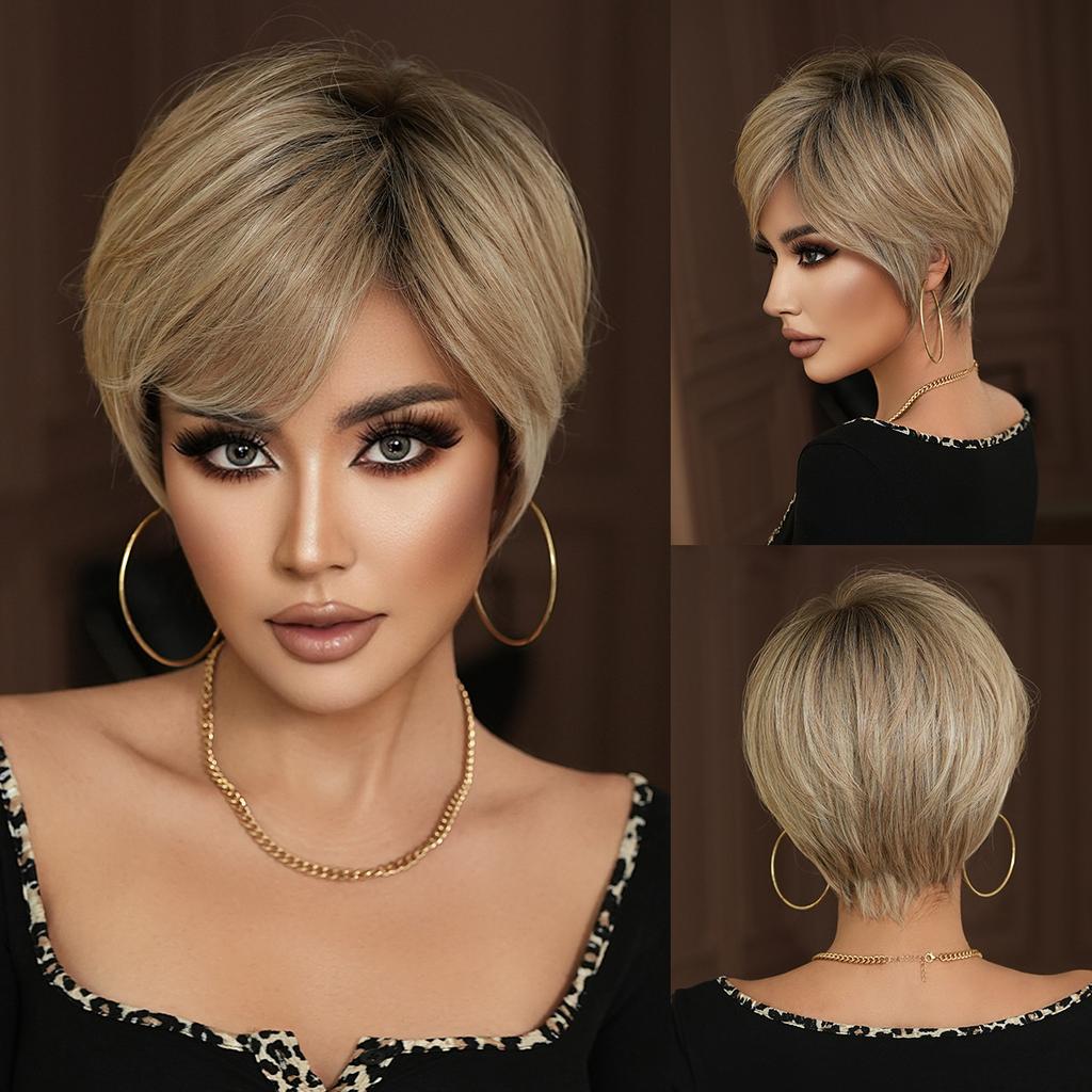 Synthetic Golden Brown Wig for Women Daily Party New Trend Natural Blond Wigs with Bangs Ombre Bob Heat Resistant Fiber