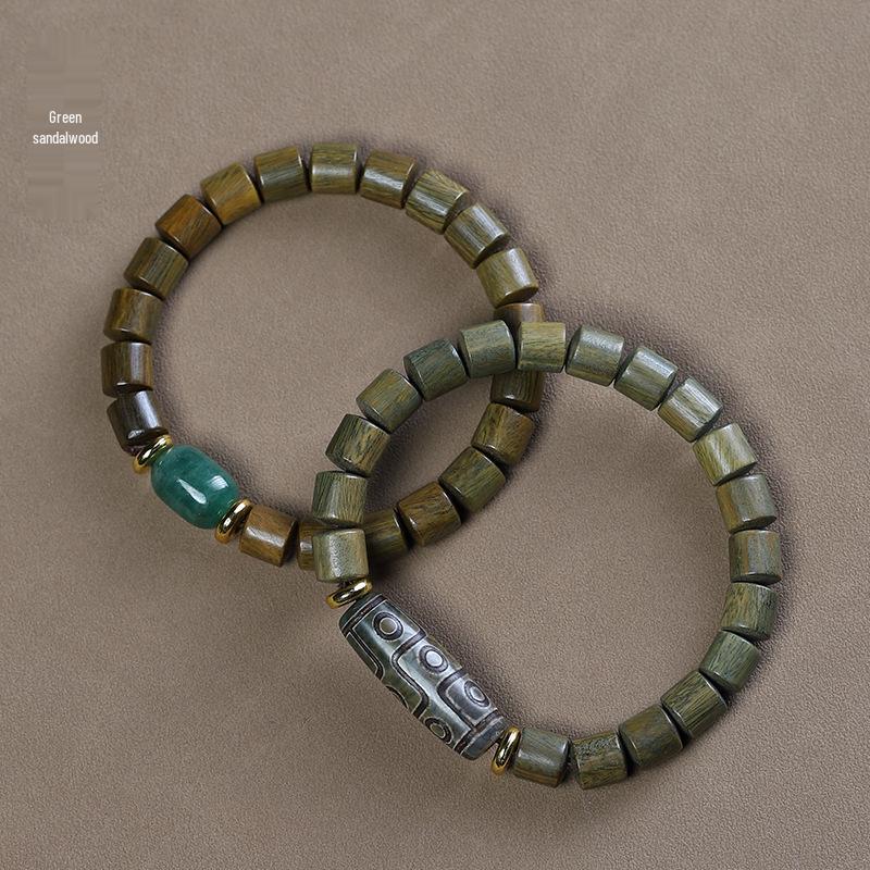 Green Sandalwood Barrel Bead Bracelet with Aventurine Dzi Bead - Unisex Wooden Single-Loop Buddhist Jewelry.