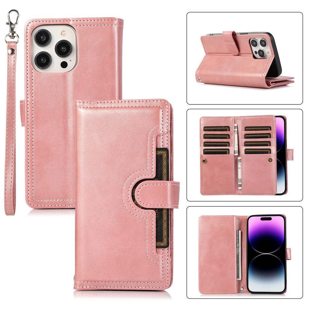 For iPhone 15 Pro Split Leather Stand Cover Multiple Card Slots Wallet Phone Case with Strap
