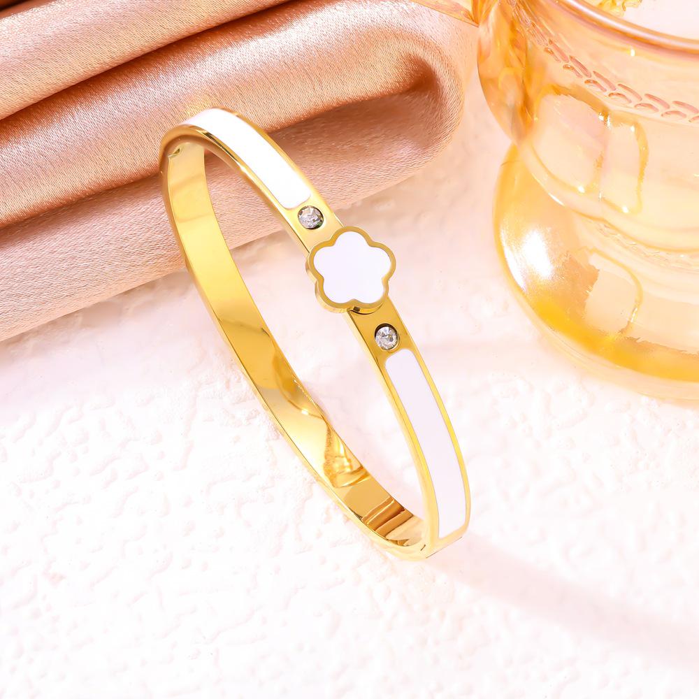 Lucky Five-Leaf Flower Titanium Steel Bracelet with Enamel & Diamond Accents