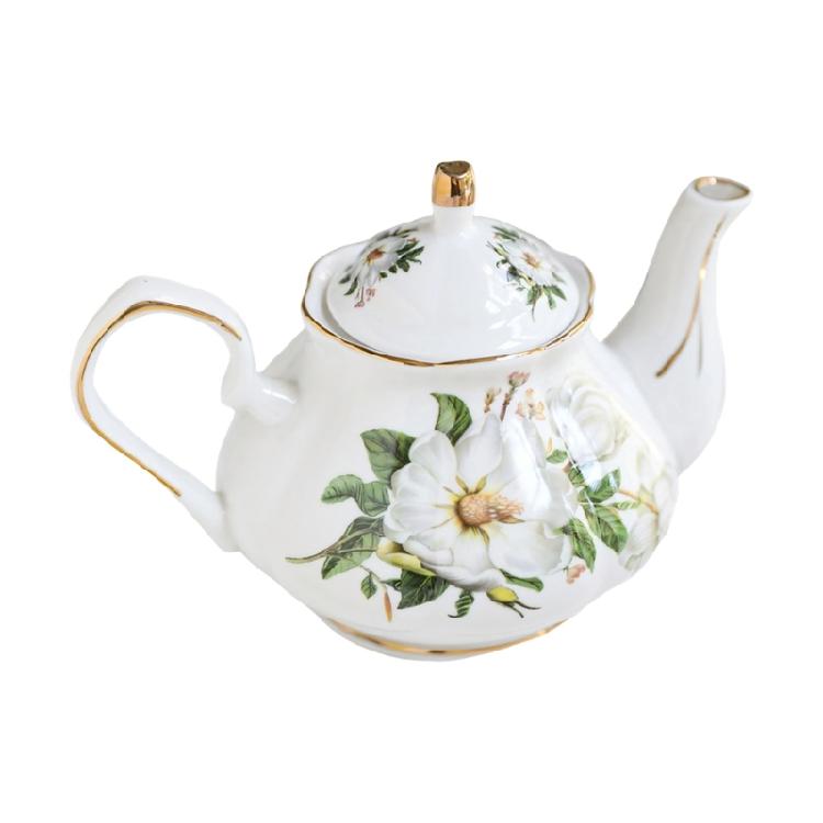 Ceramic Teapot With Floral Embossing And Gold Trim Ergonomic Handle Porcelain Tea Pot For Daily Use