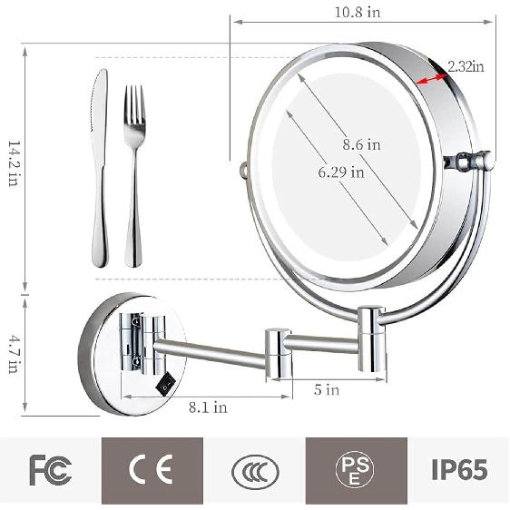 8.5 Inch Magnifying Makeup Mirror with LED Lights, Hard Wired Wall Mounted Adjustable Cosmetic Mirror, Brass Double Sided Vanity Mirror, Bathroom