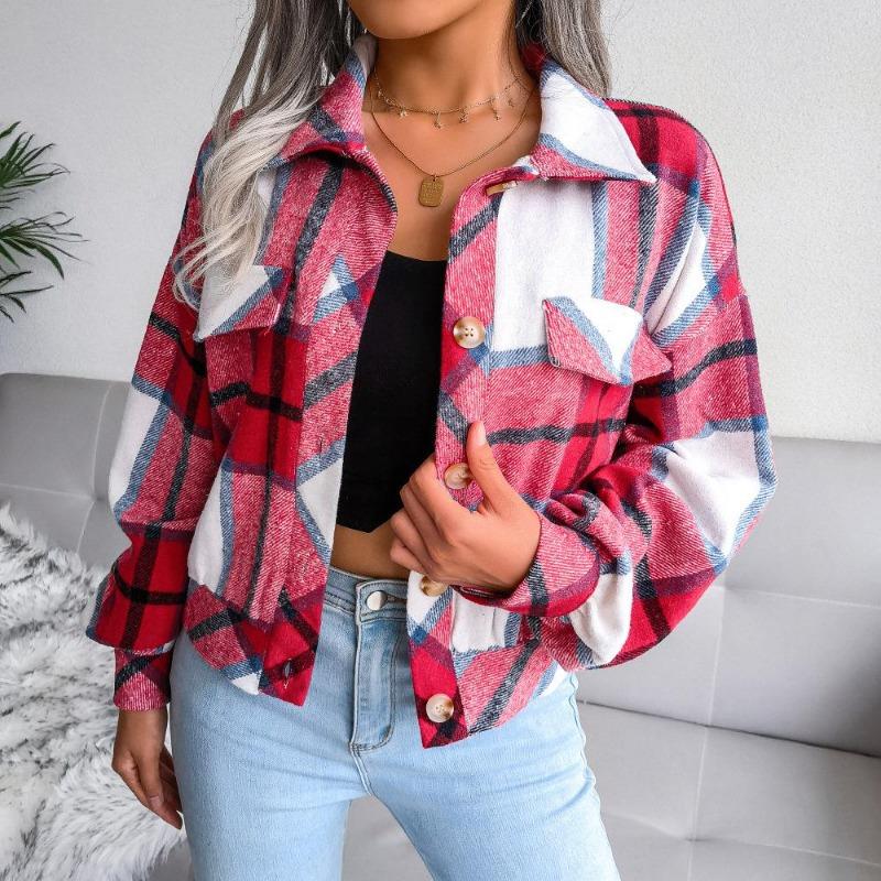 Autumn and Winter Plaid Lantern Long Sleeve Tweed Jacket