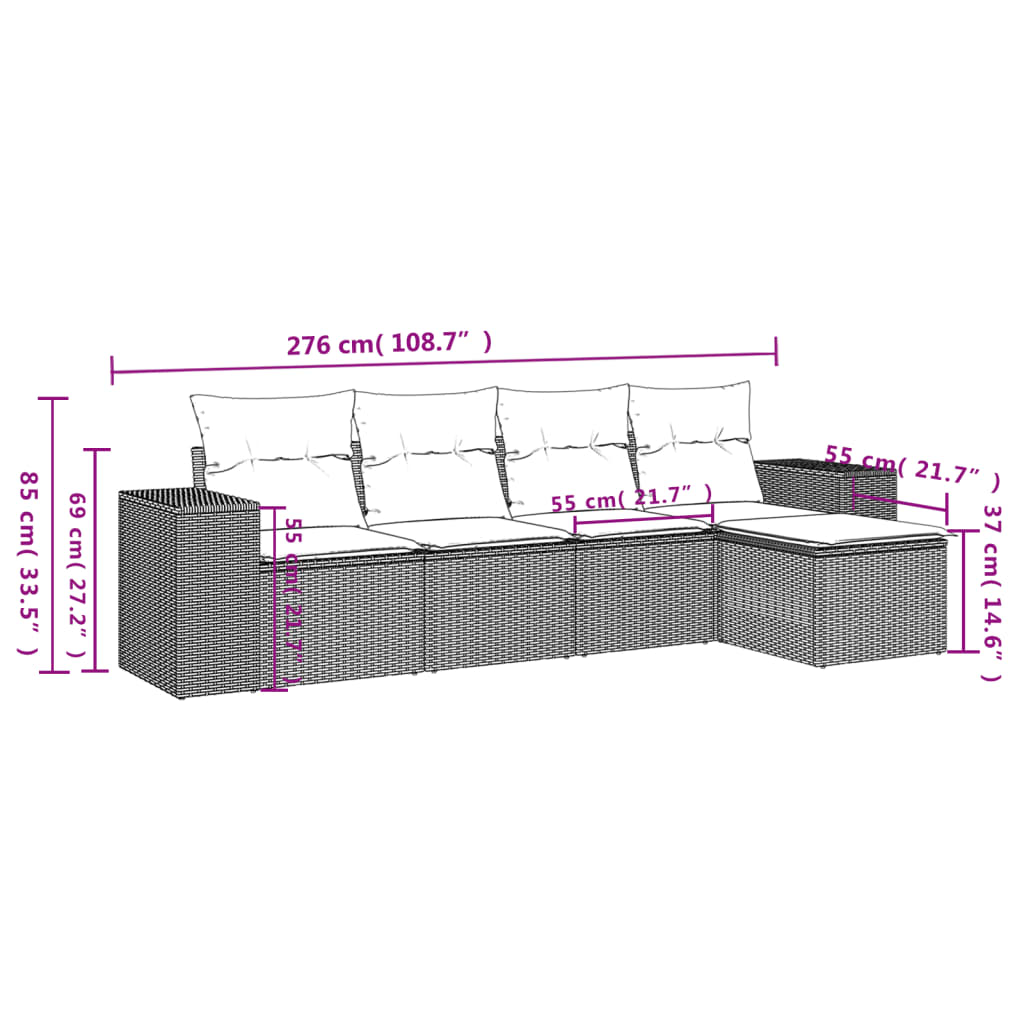 Vidaxl 5-Cz. Set da Salotto per Giardino, Cuscini, Rattan Nero PE