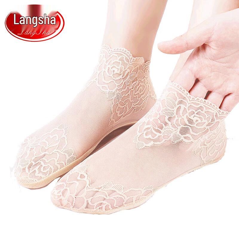 LangSha Women's Lace Breathable Short Silk Socks with Cotton Sole (6 Pairs)