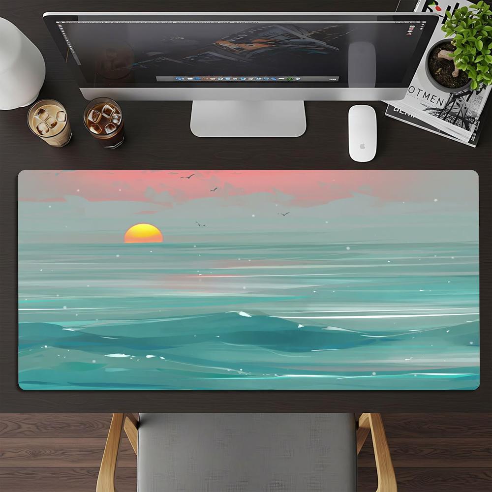 Large Retro Mountain Red Sun Landscape Mousepad XXL Vintage Scenery Non‑Slip Rubber Game Mouse Mats Overlock Gaming Accessories