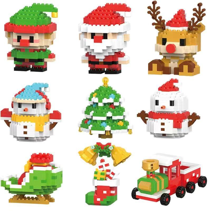 Christmas Lego-Compatible Building Blocks: Assembled Tree, Reindeer, and Santa Ornaments