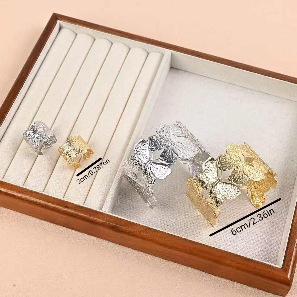 Exquisite Double-Layer Metal Butterfly Texture Bracelet Ring Set