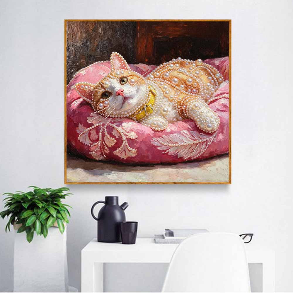Kit Pittura Diamante Perle Artistiche Gatto Arancione Piccolo Fatto a Mano 30x30cm Senza Cornice Pittura Floreale con Perle Diamantate, Kit Creativo per Decorazione Parete Casa e Appassionati di Hobby