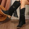 2024 Winter Women Fringes Thick Heel High Boots Suede Pointed Toe Outdoor Fashion Platform Shoes Willow Nails Pumps Women Shoes
