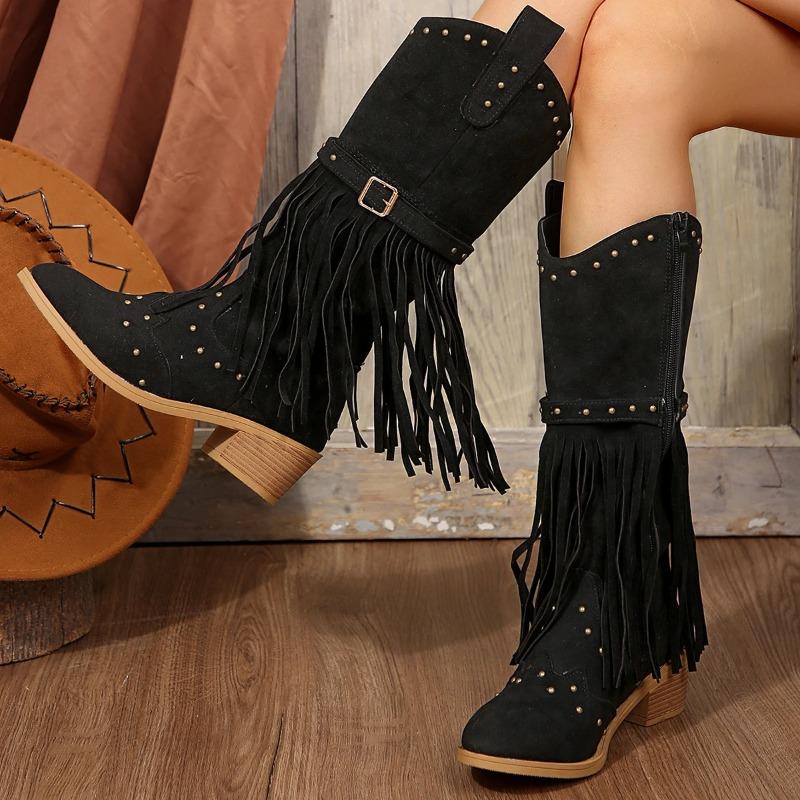 2024 Winter Women Fringes Thick Heel High Boots Suede Pointed Toe Outdoor Fashion Platform Shoes Willow Nails Pumps Women Shoes