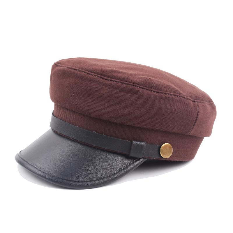 Military Cap Men Pu Leather Brim Flat Top Navy Cap Women Casual Trendy Beret Men's Hats For Casual Vintage Autumn Winter