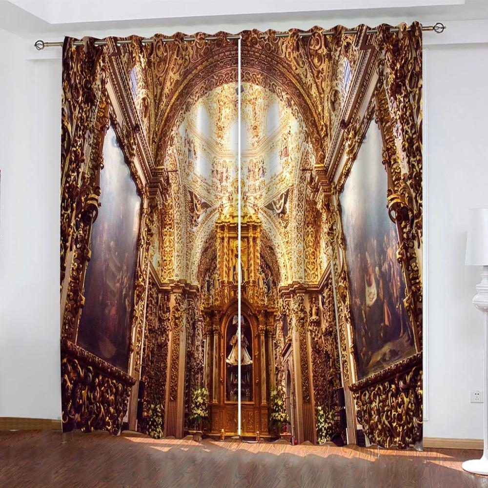 Living Room Curtains 2 Pieces Fashion 3D Golden Corridor Printed Polyester Eye Blackout Curtain Fabric Two Panels