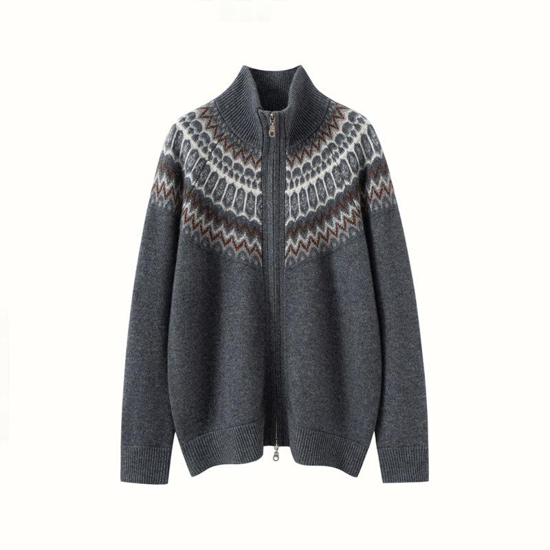 Fair Isle Jacquard Women's Color Block Cashmere Cardigan - 2025 Autumn/Winter Lapel Zipper Jacket