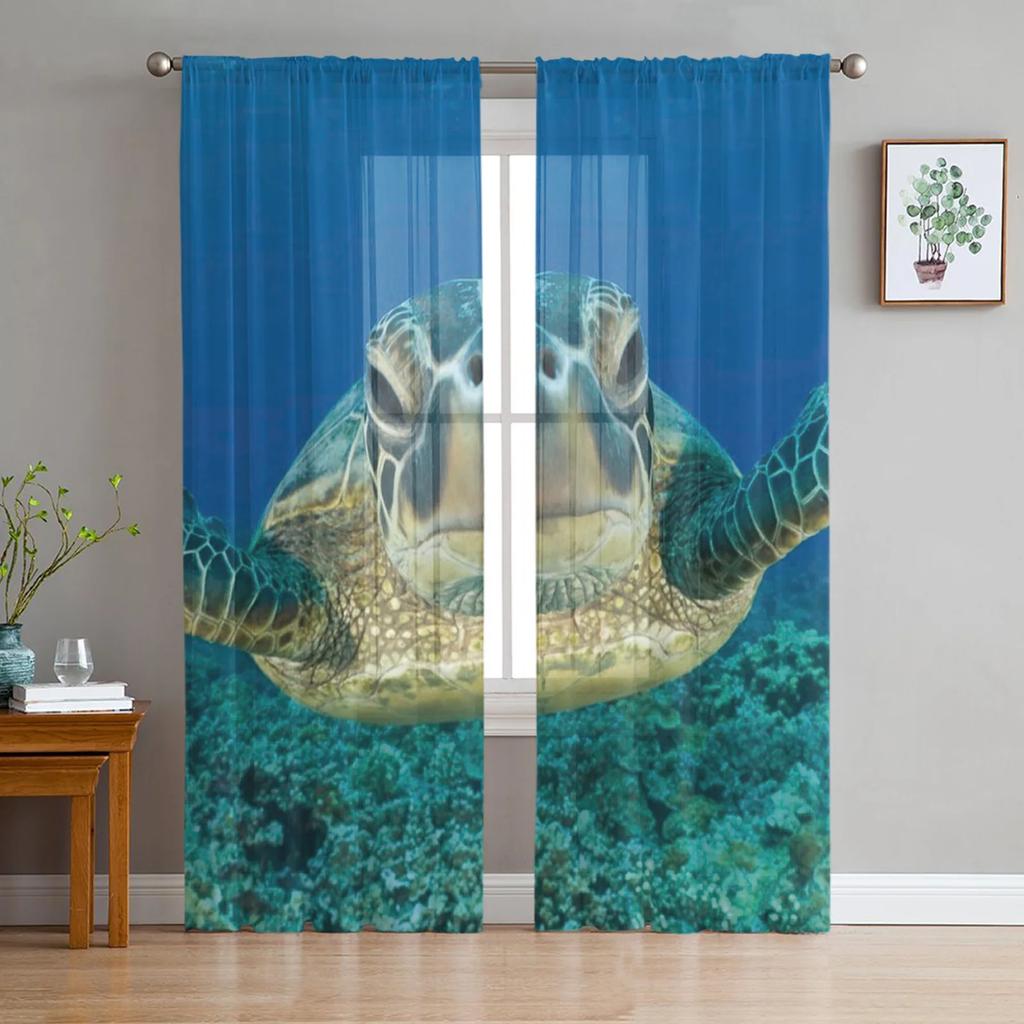 Sea Turtle Ocean Creature Landscape Voile Curtains Living Room Bedroom Transparent Tulle Window Drapes Curtain With Sheer Polyester Perfect For Area