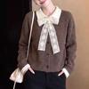 Maillard Style Knitted Cardigan with Contrast Polo Collar and Bow Detail